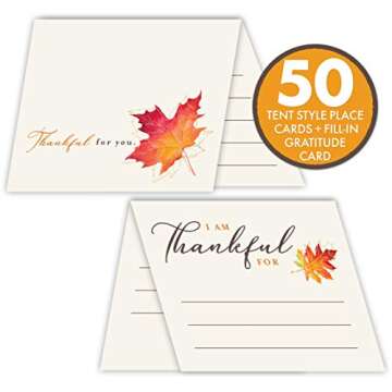 Koko Paper Co 2 in 1 Maple Leaf Thanksgiving Place Cards & Gratitude Cards (50 Count) | Premium Heav...