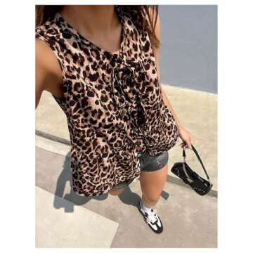 GORGLITTER Women's Cheetah Print Top Sleeveless Bow Tie Front Peplum Babydoll Vest Tops Going Out Blouse Shirt