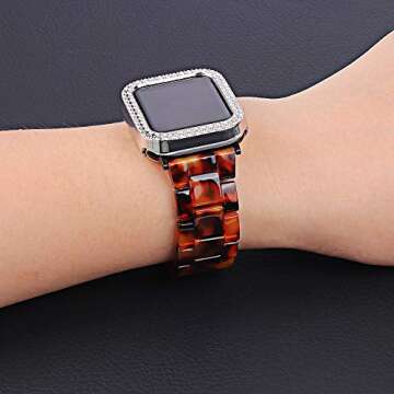 JOYOZY Fashion Resin Band with Bling Case Compatible with Apple Watch 38mm, Stainless Steel Buckle iWatch Band Bracelet for Apple Watch Series 6 Series SE Series 5 4 3 2 1 Women(Tortoise, 38mm)