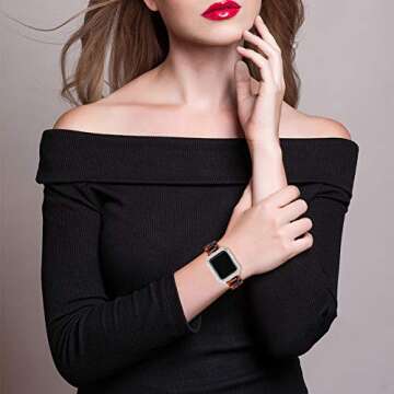 JOYOZY Fashion Resin Band with Bling Case Compatible with Apple Watch 38mm, Stainless Steel Buckle iWatch Band Bracelet for Apple Watch Series 6 Series SE Series 5 4 3 2 1 Women(Tortoise, 38mm)