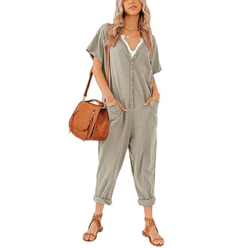 Aoysky Oversize Women's One Piece Button Up Jumpsuit Casual Loose Short Sleeve V Neck Long Pants Rom...