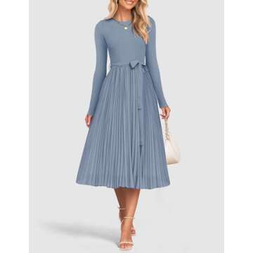 ZESICA Women's Fall Long Sleeve Midi Dress Casual Crewneck Knit Belted Pleated A Line Flowy Sweater ...