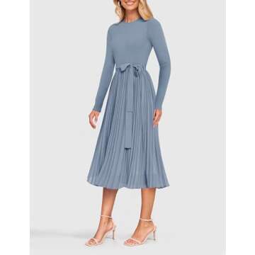 ZESICA Women's Fall Long Sleeve Midi Dress Casual Crewneck Knit Belted Pleated A Line Flowy Sweater Dresses,Dusty Blue,Medium