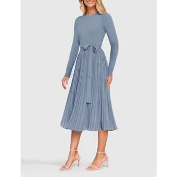 ZESICA Women's Fall Long Sleeve Midi Dress Casual Crewneck Knit Belted Pleated A Line Flowy Sweater Dresses,Dusty Blue,Medium