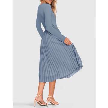ZESICA Women's Fall Long Sleeve Midi Dress Casual Crewneck Knit Belted Pleated A Line Flowy Sweater Dresses,Dusty Blue,Medium