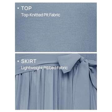 ZESICA Women's Fall Long Sleeve Midi Dress Casual Crewneck Knit Belted Pleated A Line Flowy Sweater Dresses,Dusty Blue,Medium