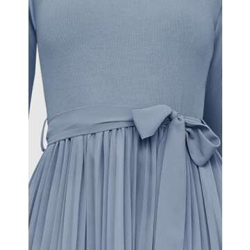 ZESICA Women's Fall Long Sleeve Midi Dress Casual Crewneck Knit Belted Pleated A Line Flowy Sweater Dresses,Dusty Blue,Medium