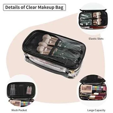 OCHEAL Clear Makeup Bag, Portable Storage Organizer Cosmetic Travel Bag Cute Pouch For Women and Girls Cosmetics Bags with Divider Brush Compartment-Transparent