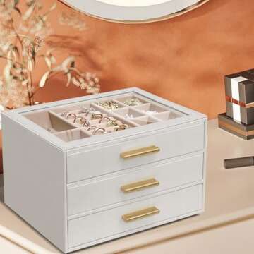 XTQINJIN Jewelry Box for Women, Glass Lid Leather Jewelry Organizers and Storage with 3 Drawers, Lar...