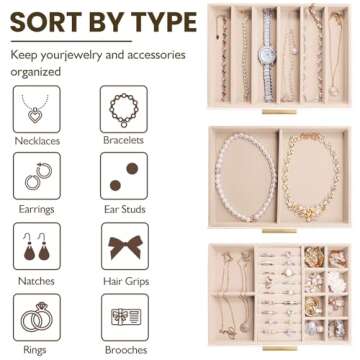 XTQINJIN Jewelry Box for Women, Glass Lid Leather Jewelry Organizers and Storage with 3 Drawers, Large Capacity for Necklaces, Earrings, Rings, Bracelets, Modern Style (White)