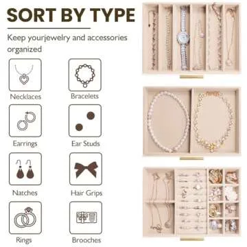 XTQINJIN Jewelry Box for Women, Glass Lid Leather Jewelry Organizers and Storage with 3 Drawers, Large Capacity for Necklaces, Earrings, Rings, Bracelets, Modern Style (White)