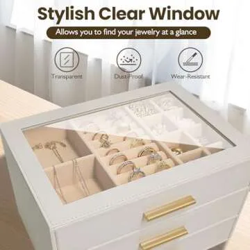 XTQINJIN Jewelry Box for Women, Glass Lid Leather Jewelry Organizers and Storage with 3 Drawers, Large Capacity for Necklaces, Earrings, Rings, Bracelets, Modern Style (White)