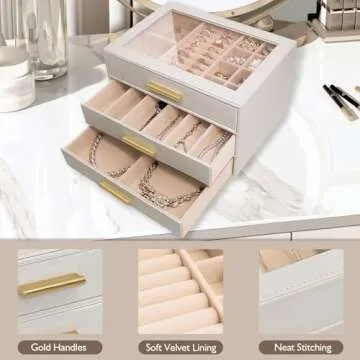 XTQINJIN Jewelry Box for Women, Glass Lid Leather Jewelry Organizers and Storage with 3 Drawers, Large Capacity for Necklaces, Earrings, Rings, Bracelets, Modern Style (White)