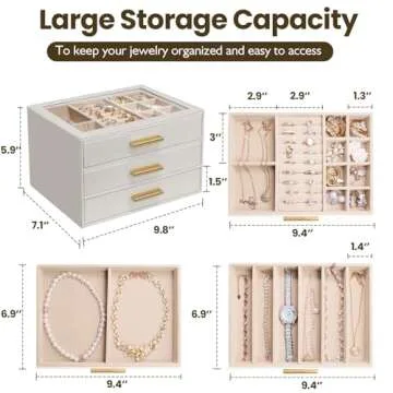 XTQINJIN Jewelry Box for Women, Glass Lid Leather Jewelry Organizers and Storage with 3 Drawers, Large Capacity for Necklaces, Earrings, Rings, Bracelets, Modern Style (White)