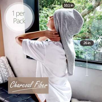 myHomeBody Hair Towel Wrap, Luxury Rapid-Dry Hair-Drying Turban, Ultra Soft and Quick Drying Absorbent Charcoal Fiber, with Coconut Shell Button – Gray