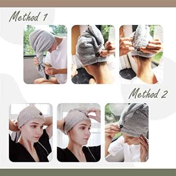 myHomeBody Hair Towel Wrap, Luxury Rapid-Dry Hair-Drying Turban, Ultra Soft and Quick Drying Absorbent Charcoal Fiber, with Coconut Shell Button – Gray