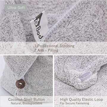 myHomeBody Hair Towel Wrap, Luxury Rapid-Dry Hair-Drying Turban, Ultra Soft and Quick Drying Absorbent Charcoal Fiber, with Coconut Shell Button – Gray
