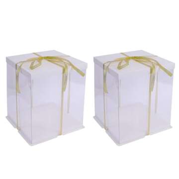 wangspack 2pcs Clear Square Cake Box 10x10x12 inch White Base and Folded Lid, Plastic Wedding Birthd...