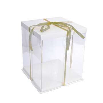 wangspack 2pcs Clear Square Cake Box 10x10x12 inch White Base and Folded Lid, Plastic Wedding Birthday Cake Package Transparent Bakery Gift Package Suitable for 6/7/8/9 inch 3 Tier Cakes