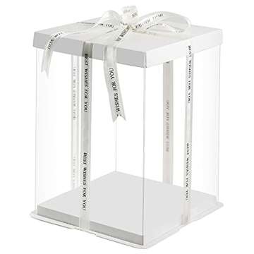 wangspack 2pcs Clear Square Cake Box 10x10x12 inch White Base and Folded Lid, Plastic Wedding Birthday Cake Package Transparent Bakery Gift Package Suitable for 6/7/8/9 inch 3 Tier Cakes