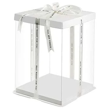 wangspack 2pcs Clear Square Cake Box 10x10x12 inch White Base and Folded Lid, Plastic Wedding Birthday Cake Package Transparent Bakery Gift Package Suitable for 6/7/8/9 inch 3 Tier Cakes