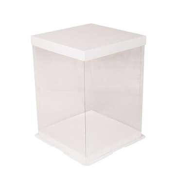 wangspack 2pcs Clear Square Cake Box 10x10x12 inch White Base and Folded Lid, Plastic Wedding Birthday Cake Package Transparent Bakery Gift Package Suitable for 6/7/8/9 inch 3 Tier Cakes