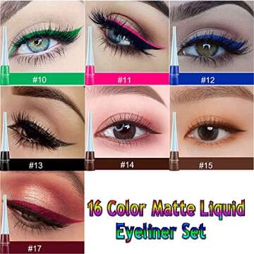 Topcent Matte Liquid Eyeliner Set, 16 Colors Neon White Black Red Brown Green Eye Liners For Women Waterproof High Pigmented Long Lasting Rainbow Eyeliner Pencil Quick Dry Eyes Makeup Kit (16PCS)