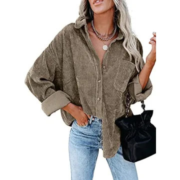 MIHOLL Womens Corduroy Button Down Shirts Casual Long Sleeve Jacket Oversized Boyfriend Blouses Tops...