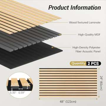 TONOR 2 PCS Wood Slat Panels, 48” x 24” x 1.2” Acoustic Panels for Wall, Decorative 3D Slat Pa...