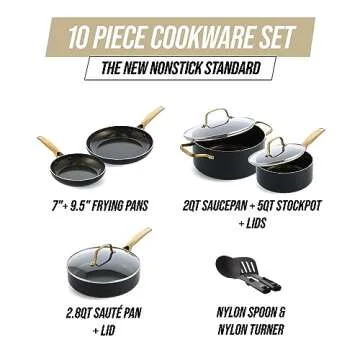 Blue Diamond Gold 10 Piece Cookware Pots and Pans Set, Induction Suitable, Diamond Infused PFAS and PFOA-Free Ceramic Nonstick, Durable, Metal Utensil Safe, Dishwasher Safe, Gold Handle, Black