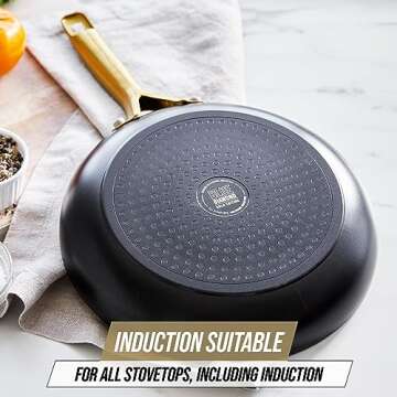 Blue Diamond Gold 10 Piece Cookware Pots and Pans Set, Induction Suitable, Diamond Infused PFAS and PFOA-Free Ceramic Nonstick, Durable, Metal Utensil Safe, Dishwasher Safe, Gold Handle, Black