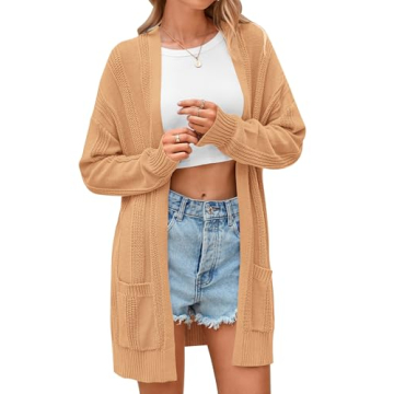 PRETTYGARDEN Women's Fall Loose Open Front Cardigan Long Sleeve Cable Knit Sweaters Lightweight Outw...