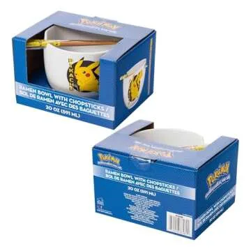 Silver Buffalo Pokemon Pikachu Ceramic Ramen Noodle Rice Bowl with Chopsticks, Microwave Safe, 20 Ounces