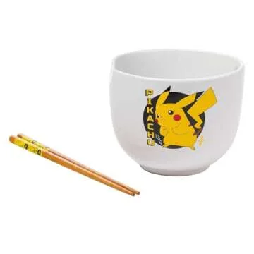 Silver Buffalo Pokemon Pikachu Ceramic Ramen Noodle Rice Bowl with Chopsticks, Microwave Safe, 20 Ounces