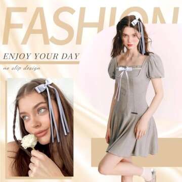 VOBOBE 2PCS Hair Bows for Women Girls, Tassel Ribbon Bowknot Hair Clips Barrettes for Girl with Small Long Tail Solid Satin Hair Accessories (Silver-Glitter)