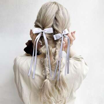 VOBOBE 2PCS Hair Bows for Women Girls, Tassel Ribbon Bowknot Hair Clips Barrettes for Girl with Small Long Tail Solid Satin Hair Accessories (Silver-Glitter)