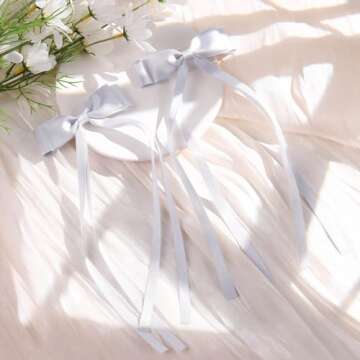 VOBOBE 2PCS Hair Bows for Women Girls, Tassel Ribbon Bowknot Hair Clips Barrettes for Girl with Small Long Tail Solid Satin Hair Accessories (Silver-Glitter)