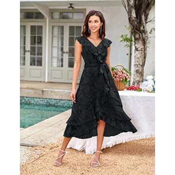 Women's Boho V Neck Formal Midi Ruffle Dress Long Flowy Bridesmaid Cocktail Party Evening Dress Black XL