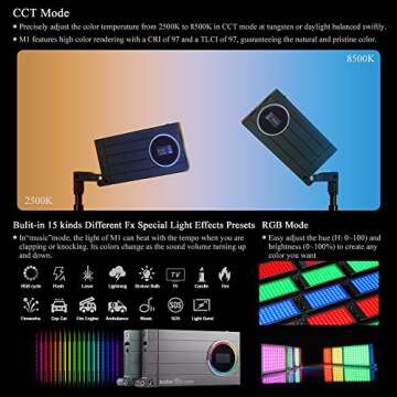 GODOX M1 RGB Video Light Pocket Size On-Camera Rechargeable Battery Creative Light 2500-8500K Color Temperature 0-360 Full Color for Sony Canon Nikon Fuji DSLR Camera Video Portrait