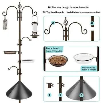 Bird Feeding Station Kit with Squirrel Baffle and Suet Cage Wild Bird Feeder Kit with Mesh Tray, Fruit Hook, and Double W Hook for Attracting Wild Birds