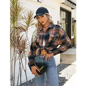 Blooming Jelly Women's Button Down Flannel Shirts Plaid Shacket Long Sleeve Collared Business Casual Tops Work Blouses(Medium,Sandy Brown and Black Plaid)