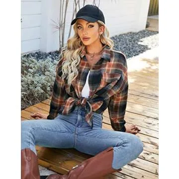 Blooming Jelly Women's Button Down Flannel Shirts Plaid Shacket Long Sleeve Collared Business Casual Tops Work Blouses(Medium,Sandy Brown and Black Plaid)
