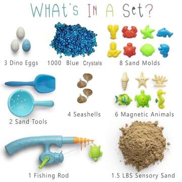 Kipipol Sensory Bin W 1.5 LB Play Sand, 10 Sand Toys, 6 Sea Animal Toys, Dino Eggs, 1000 Crystals -S...