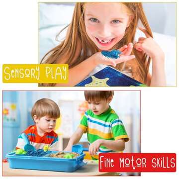 Kipipol Sensory Bin W 1.5 LB Play Sand, 10 Sand Toys, 6 Sea Animal Toys, Dino Eggs, 1000 Crystals -Sensory Toys for Toddlers 3-4, 5-7, Fine Motor Skills Toys and Sensory Activities for Kids Ages 3+