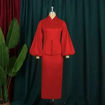 AOMEI Women's V Neck Long Lantern Sleeve High Waist Peplum Christmas Bodycon Dress (Red,S,Small)