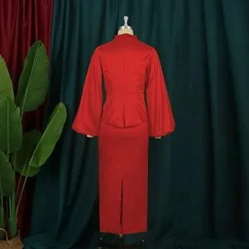 AOMEI Women's V Neck Long Lantern Sleeve High Waist Peplum Christmas Bodycon Dress (Red,S,Small)