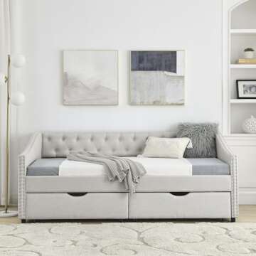 KELRIA Twin Size Upholstered Daybed with Two Storage Trundle Drawers, Wooden Sofa Bed w/Button Tufted Backrest and Waved Shape Arms, No Box Spring Needed, for Living Room, Bedroom, Dorm, Beige