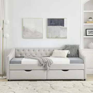 KELRIA Twin Size Upholstered Daybed with Two Storage Trundle Drawers, Wooden Sofa Bed w/Button Tufted Backrest and Waved Shape Arms, No Box Spring Needed, for Living Room, Bedroom, Dorm, Beige