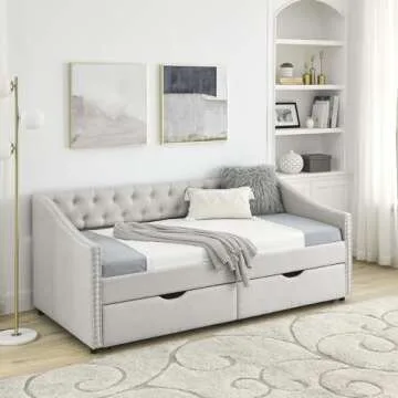 KELRIA Twin Size Upholstered Daybed with Two Storage Trundle Drawers, Wooden Sofa Bed w/Button Tufted Backrest and Waved Shape Arms, No Box Spring Needed, for Living Room, Bedroom, Dorm, Beige