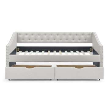 KELRIA Twin Size Upholstered Daybed with Two Storage Trundle Drawers, Wooden Sofa Bed w/Button Tufted Backrest and Waved Shape Arms, No Box Spring Needed, for Living Room, Bedroom, Dorm, Beige